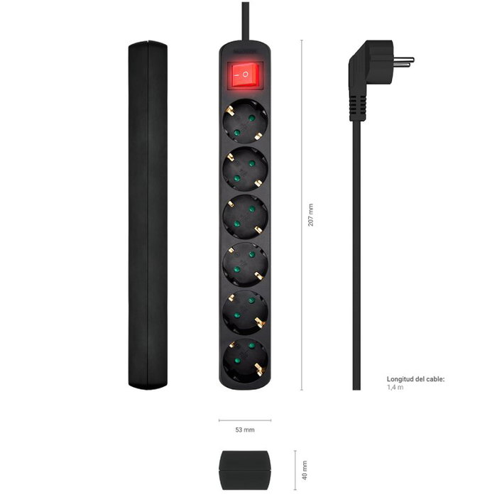 Aisens Regleta de 6 Tomas con Interruptor y Cable 1,4 m, Negro